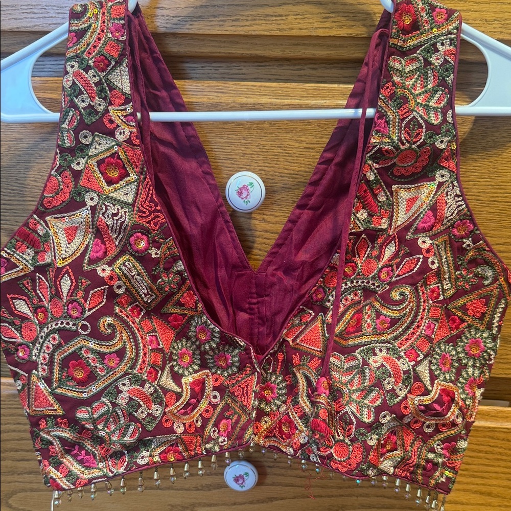 Embroidered Burgundy Crop Top - Picture 2 of 3